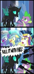 Size: 378x798 | Tagged: changeling, derpibooru import, edit, edited screencap, flamethrower, kill it with fire, pyro, safe, screencap, screencap comic, spike, spy, spycheck, team fortress 2, the times they are a changeling, this will end in death, this will end in fire, thorax