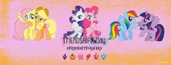 Size: 1656x630 | Tagged: safe, derpibooru import, official, applejack, fluttershy, pinkie pie, rainbow dash, rarity, twilight sparkle, twilight sparkle (alicorn), alicorn, pony, elements of harmony, friendship day, jewelry, mane six, regalia, stock vector