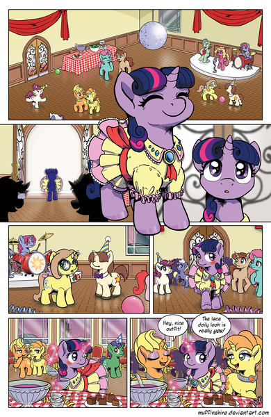 Size: 1200x1845 | Tagged: safe, artist:muffinshire, derpibooru import, moondancer, twilight sparkle, oc, oc:bumble breeze, oc:lemon burst, oc:orange twist, oc:swirling star, unnamed oc, pony, unicorn, comic:twilight's first dance, balloon, bow, bowtie, cake, clothes, colt, comic, dancing, dexterous hooves, dialogue, disco ball, dress, drum kit, drums, electric guitar, female, filly, filly twilight sparkle, food, glowing horn, guitar, hat, hoof polish, levitation, magic, magic aura, male, microphone, microphone stand, musical instrument, overdressed, party hat, punch (drink), punch bowl, speech bubble, tail bow, telekinesis, underhoof