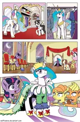 Size: 1200x1845 | Tagged: artist:muffinshire, clothes, comic, comic:twilight's first dance, derpibooru import, dress, dumbfounded, female, filly, filly twilight sparkle, majestic as fuck, mare in the moon, moon, no dialogue, oc, oc:lemon burst, oc:orange twist, oc:swirling star, overdressed, princess celestia, raven, safe, sillestia, surprised, twilight sparkle