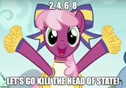 Size: 706x492 | Tagged: safe, derpibooru import, edit, edited screencap, screencap, cheerilee, pony, the cart before the ponies, caption, cheerileeder, cheerleader, female, image macro, mare, meme, regicide, solo