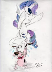 Size: 2550x3501 | Tagged: safe, artist:deihiru, derpibooru import, rarity, pony, courage the cowardly dog, crossover, holding a pony, traditional art