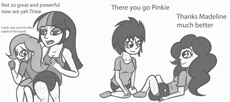 Size: 2256x1000 | Tagged: questionable, artist:diaperednight, derpibooru import, pinkie pie, trixie, twilight sparkle, oc, oc:madeleine, human, equestria girls, dialogue, diaper, diaper fetish, humanized, image, monochrome, over the knee, png, spanking