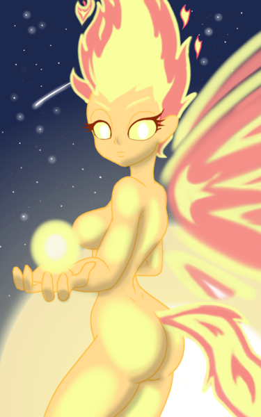 Size: 1200x1920 | Tagged: suggestive, artist:theroyalprincesses, derpibooru import, sunset shimmer, equestria girls, ass, breasts, busty sunset shimmer, comet, female, fire, flaming hair, glowing eyes, goddess, night sky, orb, solo, solo female, stars, sun