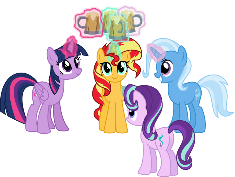 Size: 5604x4223 | Tagged: safe, artist:osipush, derpibooru import, starlight glimmer, sunset shimmer, trixie, twilight sparkle, twilight sparkle (alicorn), alicorn, pony, unicorn, absurd resolution, cider, commission, crossover, magic, magical quartet, magical quintet, magical trio, mug, plot, toast, twilight's counterparts