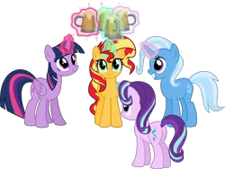 Size: 5604x4223 | Tagged: safe, artist:osipush, derpibooru import, starlight glimmer, sunset shimmer, trixie, twilight sparkle, twilight sparkle (alicorn), alicorn, pony, unicorn, absurd resolution, cider, commission, crossover, magic, magical quartet, magical quintet, magical trio, mug, plot, toast, twilight's counterparts