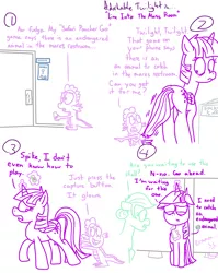 Size: 1280x1611 | Tagged: safe, artist:adorkabletwilightandfriends, derpibooru import, spike, twilight sparkle, twilight sparkle (alicorn), alicorn, pony, comic:adorkable twilight and friends, adorkable twilight, bathroom, comic, floppy ears, lineart, plot, pokémon, pokémon go, restroom, safari poacher go, simple background, slice of life