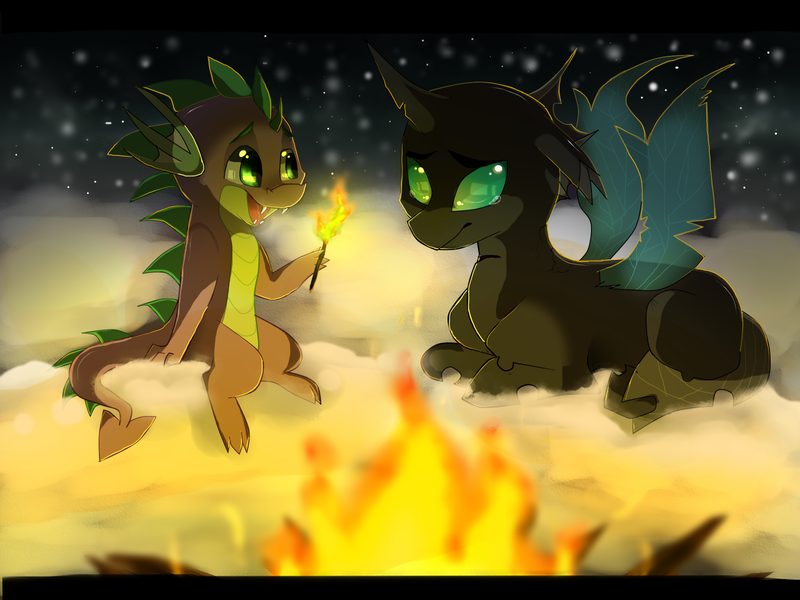 Size: 1600x1200 | Tagged: safe, artist:96paperkuts, derpibooru import, spike, thorax, changeling, dragon, the times they are a changeling, cute, fire, spikabetes, thorabetes, torch