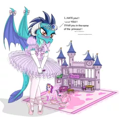 Size: 3500x3300 | Tagged: artist:avchonline, ballerina, ballet slippers, blushing, canterlot royal ballet academy, castle, clothes, derpibooru import, dragon, dress, embarrassed, evening gloves, gloves, jewelry, princess ember, safe, teacup, teapot, tiara, tights, tomboy taming, toy, tsundember, tsundere, tutu
