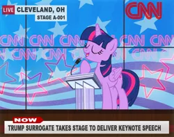 Size: 900x709 | Tagged: safe, artist:pixelkitties, derpibooru import, ms. harshwhinny, twilight sparkle, twilight sparkle (alicorn), alicorn, pony, cable news network, cnn, melania trump plagiarism gaffe, ms. harshwhinny's election campaign, news, politics, republican, solo, votehorse