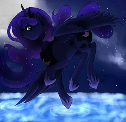 Size: 824x800 | Tagged: artist:thecrystaleevee, derpibooru import, flying, moon, night, princess luna, ripple, safe, solo, water