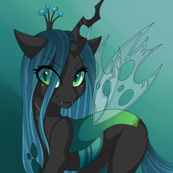 Size: 1024x1024 | Tagged: artist:ridgessky, changeling, changeling queen, cute, cutealis, derpibooru import, eyebrows visible through hair, eye clipping through hair, fangs, female, gradient background, horn, queen chrysalis, safe, smiling, solo, wings