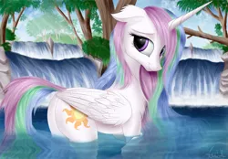 Size: 6200x4320 | Tagged: safe, artist:aurelleah, derpibooru import, princess celestia, alicorn, pony, absurd file size, absurd resolution, art, bathing, beautiful, chest fluff, crepuscular rays, cute, cutelestia, ear fluff, female, flank, floppy ears, forest, happy, looking at you, looking back, mare, outdoors, plot, river, scenery, shy, smiling, solo, sunbutt, swimming, water, waterfall, wet mane