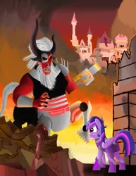 Size: 786x1017 | Tagged: safe, artist:spellboundcanvas, derpibooru import, lord tirek, twilight sparkle, twilight sparkle (alicorn), alicorn, cyborg, pony, robot, apocalypse, armor, canterlot, canterlot castle, cyberdemon, destroyed, destruction, doom, epic, fight, fire, gun, ruins, shit just got real, tired, wasteland, weapon