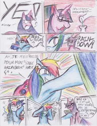 Size: 2550x3300 | Tagged: safe, artist:streled, derpibooru import, rainbow dash, twilight sparkle, armpits, comic, crossover, dialogue, french, plushie, sonic the hedgehog, sonic the hedgehog (series), traditional art