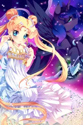 Size: 1200x1800 | Tagged: dead source, safe, artist:loyaldis, derpibooru import, princess luna, alicorn, human, pony, clothes, crossover, dress, duo, ear piercing, earring, earth, female, flower, heart eyes, jewelry, lidded eyes, long hair, looking at you, mare, necklace, piercing, princess serena (sailor moon), sailor moon, spread wings, wingding eyes, wings