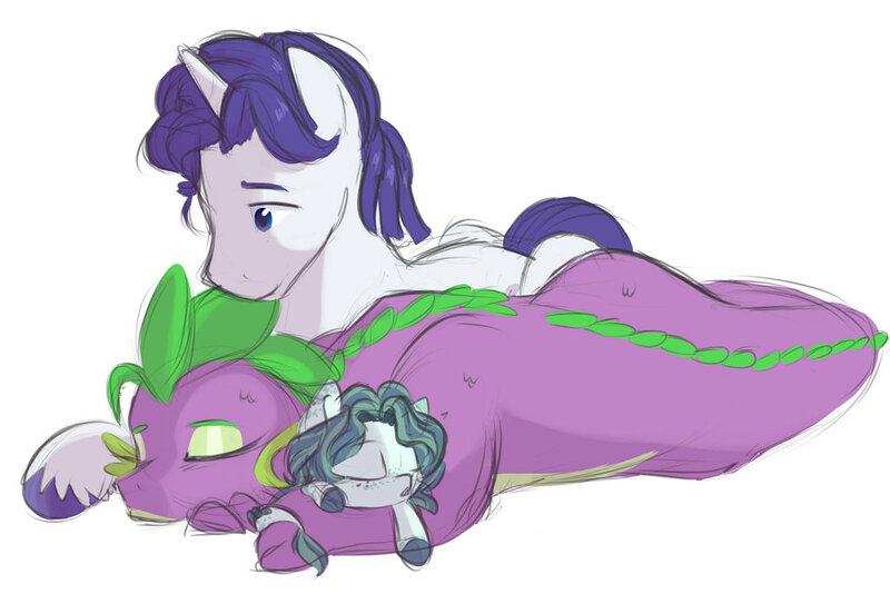 Size: 1024x683 | Tagged: dead source, safe, artist:craftedfun3, derpibooru import, rarity, spike, oc, dragon, unicorn, barb, barlusive, elusive, female, male, offspring, parent:rarity, parent:spike, rule 63, shipping, simple background, sparity, straight, unshorn fetlocks, white background