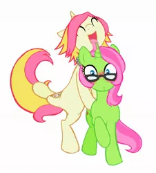 Size: 1834x2033 | Tagged: suggestive, artist:peachpalette, derpibooru import, oc, oc:coral hime, oc:peach palette, unofficial characters only, pony, unicorn, blushing, female, glasses, hornjob, licking, mare, standing, standing on one leg, tongue out