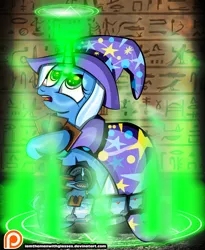 Size: 6187x7553 | Tagged: safe, artist:iamthemanwithglasses, derpibooru import, trixie, pony, unicorn, absurd resolution, crossover, duel disk, female, hieroglyphics, mare, seal of orichalcos, solo, yu-gi-oh!