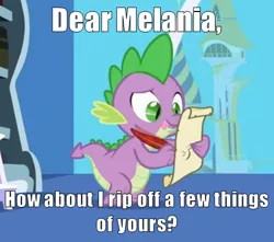 Size: 477x421 | Tagged: semi-grimdark, suggestive, derpibooru import, edit, edited screencap, screencap, spike, dragon, friendship is magic, caption, image macro, implied ripping clothes, letter, male, melania trump plagiarism gaffe, meme, politics, quill, spike's love letters, tongue out