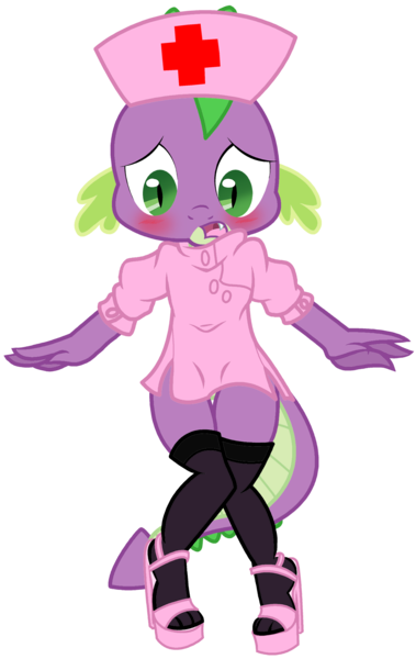 Size: 1323x2092 | Tagged: suggestive, artist:pyruvate, artist:reduxdrawer8k, derpibooru import, spike, comic:dragon queen, blushing, clothes, crossdressing, feet, femboy spike, foalcon, high heels, image, looking down, male, nurse, png, simple background, sissy, solo, solo male, stockings, transparent background