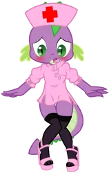 Size: 1323x2092 | Tagged: suggestive, artist:pyruvate, artist:reduxdrawer8k, derpibooru import, spike, comic:dragon queen, blushing, clothes, crossdressing, feet, femboy spike, foalcon, high heels, image, looking down, male, nurse, png, simple background, sissy, solo, solo male, stockings, transparent background