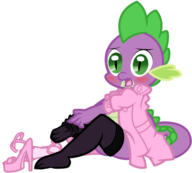 Size: 1496x1350 | Tagged: suggestive, artist:pyruvate, artist:reduxdrawer8k, derpibooru import, spike, anthro, plantigrade anthro, comic:dragon queen, blushing, clothes, crossdressing, feet, femboy, femboy spike, high heels, image, male, nurse, nurse spike, png, simple background, sissy, stockings, sultry pose, transparent background, undressing