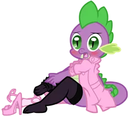 Size: 1496x1350 | Tagged: suggestive, artist:pyruvate, artist:reduxdrawer8k, derpibooru import, spike, anthro, plantigrade anthro, comic:dragon queen, blushing, clothes, crossdressing, feet, femboy, femboy spike, high heels, image, male, nurse, nurse spike, png, simple background, sissy, stockings, sultry pose, transparent background, undressing