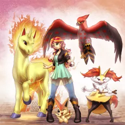 Size: 2975x2975 | Tagged: safe, artist:mykegreywolf, derpibooru import, sunset shimmer, braixen, rapidash, talonflame, victini, equestria girls, clothes, crossover, fiery shimmer, fire, leather jacket, mane of fire, nintendo, one eye closed, open mouth, pokéball, pokémon, stick, team, wink