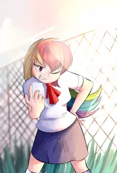 Size: 1080x1600 | Tagged: animu, artist:phuocthiencreation, clothes, cute, derpibooru import, human, humanized, one eye closed, rainbow dash, safe, schoolgirl, skirt, socks, solo, wink