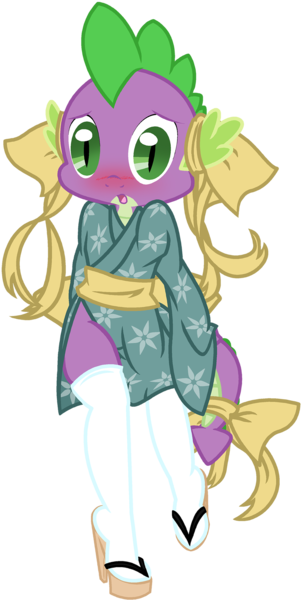 Size: 1107x2195 | Tagged: safe, artist:pyruvate, artist:reduxdrawer8k, derpibooru import, spike, anthro, comic:dragon queen, bow, clothes, crossdressing, femboy spike, image, japan, kimono (clothing), png, ribbon, simple background, sissy, stockings, tail bow, transparent background