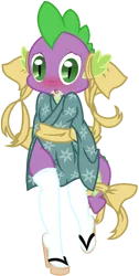 Size: 1107x2195 | Tagged: safe, artist:pyruvate, artist:reduxdrawer8k, derpibooru import, spike, anthro, comic:dragon queen, bow, clothes, crossdressing, femboy spike, image, japan, kimono (clothing), png, ribbon, simple background, sissy, stockings, tail bow, transparent background