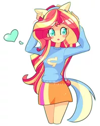 Size: 1024x1292 | Tagged: safe, artist:riouku, derpibooru import, sunset shimmer, equestria girls, :o, blush sticker, blushing, canterlot high, clothes, colored pupils, cute, heart, moe, open mouth, pony ears, school spirit, shimmerbetes, simple background, skirt, solo, sweater, watermark, white background, wide eyes, wondercolts