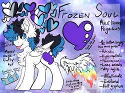 Size: 3191x2368 | Tagged: safe, artist:iroxykun, derpibooru import, oc, oc:frozen soul, unofficial characters only, pegasus, pony, bio, crown, cutie mark, fangs, freckles, jewelry, male, paint, palette, reference sheet, regalia, solo, stallion, text, tongue out, transgender, wings