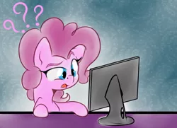 Size: 1024x740 | Tagged: safe, artist:alazak, derpibooru import, pinkie pie, earth pony, pony, computer, confused, confused nick young, female, flatscreen, mare, monitor, open mouth, question mark, reaction image, simple background, solo
