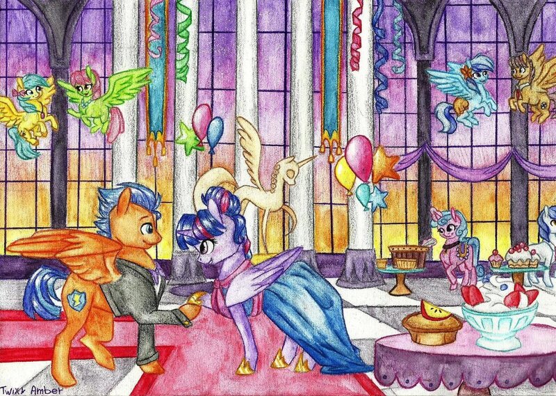 Size: 1023x727 | Tagged: safe, artist:twixyamber, derpibooru import, flash sentry, twilight sparkle, twilight sparkle (alicorn), alicorn, pony, alternate hairstyle, clothes, dress, female, flashlight, grand galloping gala, hair bun, male, shipping, straight, traditional art