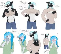 Size: 3800x3400 | Tagged: anthro, anthro oc, artist:askbubblelee, blood, clothes, comic, derpibooru import, hybrid, makolee, merpony, nosebleed, oc, oc:bubble lee, oc:imago, oc:mako, open-chest sweater, orca pony, original species, partial nudity, spit take, suggestive, sweater, topless, unofficial characters only