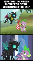 Size: 454x826 | Tagged: adventure, artist:dragonmorpheus, bindle, changeling, clothes, dead source, derpibooru import, doomie, edit, flying, hilarious in hindsight, image macro, knapsack, meme, open mouth, safe, scarf, smiling, smirk, spike, the times they are a changeling, the wandering changelings, thorax