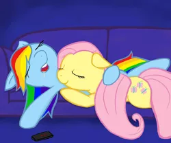 Size: 1280x1067 | Tagged: safe, artist:amazome, artist:sparkyplx, derpibooru import, fluttershy, rainbow dash, pony, couch, cuddling, drool, female, flutterdash, lesbian, mare, remote, shipping, sleeping, snuggling