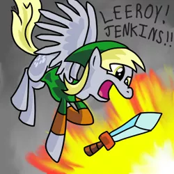 Size: 1000x1000 | Tagged: safe, artist:sir-croco, derpibooru import, derpy hooves, pegasus, pony, female, leeroy jenkins, link, mare, sword, the legend of zelda, weapon