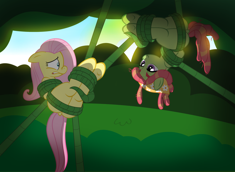 Size: 1280x941 | Tagged: questionable, artist:radiantrealm, derpibooru import, fluttershy, tree hugger, bondage, commission, dock, duo, duo female, female, femsub, fluttersub, i've seen enough hentai to know where this is going, image, nose wrinkle, plot, png, show accurate, show accurate porn, submissive, suspended, tentacle bondage, tentacles, treesub, upside down, vine