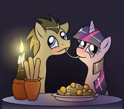 Size: 1024x902 | Tagged: safe, artist:cybertoaster, derpibooru import, doctor whooves, time turner, twilight sparkle, pony, blushing, candle, crossover, doctwi, food, imminent kissing, lady and the tramp, male, pasta, shipping, spaghetti, spaghetti scene, stallion, straight