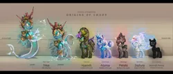 Size: 2534x1080 | Tagged: safe, artist:huussii, derpibooru import, oc, unofficial characters only, air elemental, crystal pony, earth elemental, earth pony, elemental, original species, pegasus, plant pony, sea pony, spriggan, unicorn, water elemental, armor, comparison chart, flower, flower in hair, headcanon, helmet, mythology, rock pony