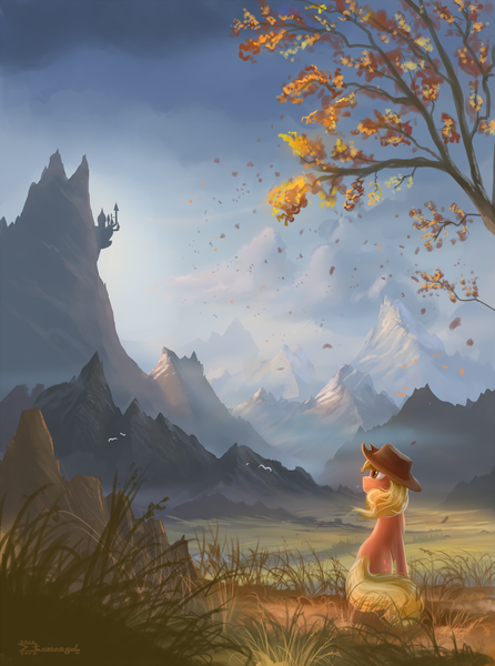 Size: 1260x1695 | Tagged: dead source, safe, artist:shamanguli, derpibooru import, applejack, earth pony, pony, canterlot, canterlot mountain, female, hat, mare, mountain, mountain range, peak, scenery, scenery porn, solo