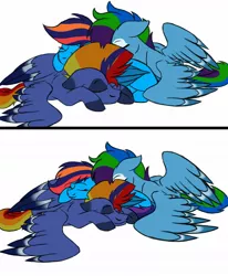 Size: 1024x1244 | Tagged: artist:colourstrike, colored wings, colored wingtips, cuddling, cute, derpibooru import, oc, oc:glider, oc:hurricane, oc:storm, offspring, older, parent:rainbow dash, parent:soarin', parents:soarindash, safe, sleeping, snuggling, unofficial characters only