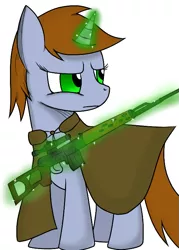 Size: 537x751 | Tagged: safe, artist:mansun, derpibooru import, oc, oc:littlepip, unofficial characters only, pony, unicorn, fallout equestria, fanfic, cape, clothes, fanfic art, female, glowing horn, gun, hooves, horn, levitation, magic, mare, optical sight, pipbuck, rifle, scope, simple background, sniper rifle, solo, svd, telekinesis, vault suit, weapon, white background