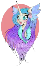 Size: 884x1280 | Tagged: safe, artist:niniibear, derpibooru import, oc, unofficial characters only, adoptable, blue, bust, closed, colored pupils, cute, diffrent ears, expression, fluffy, happy, portrait, purple, solo, species, sweet