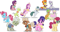 Size: 3447x1856 | Tagged: safe, artist:punzil504, derpibooru import, apple leaves, cloudy quartz, cookie crumbles, cup cake, granny smith, ma hooffield, ma switchell, millie, posey shy, princess cadance, spoiled rich, stormy flare, twilight velvet, pony, apple family member, background pony, cajun ponies, hooffield family, mother, mother's day, simple background, transparent background, vector