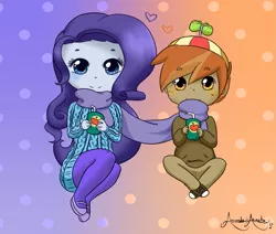 Size: 1703x1446 | Tagged: safe, artist:emeriwatson, derpibooru import, button mash, rarity, equestria girls, anime, apple juice, clothes, equestria girls-ified, female, heart, juice, juice box, male, rarimash, scarf, shared clothing, shared scarf, shipping, straight, sweater