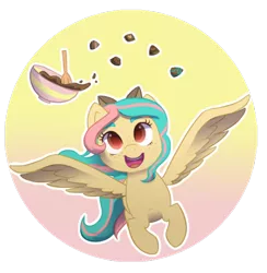 Size: 518x530 | Tagged: safe, artist:okayowl, derpibooru import, oc, oc:vanilla ganache, unofficial characters only, pegasus, pony, cooking, flying, food, solo